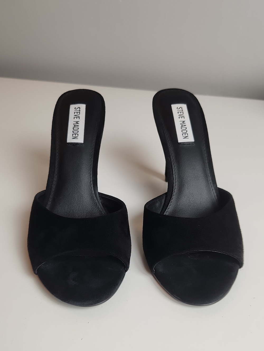 Steve Madden Erin Signal Black Suede Opem Toe Slip On Mules Heels 8.5 Like New - Picture 2 of 6